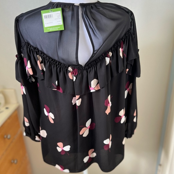 Kate Spade sheer polyester blouse w/ keyhole back. Black and floral - Picture 2 of 8